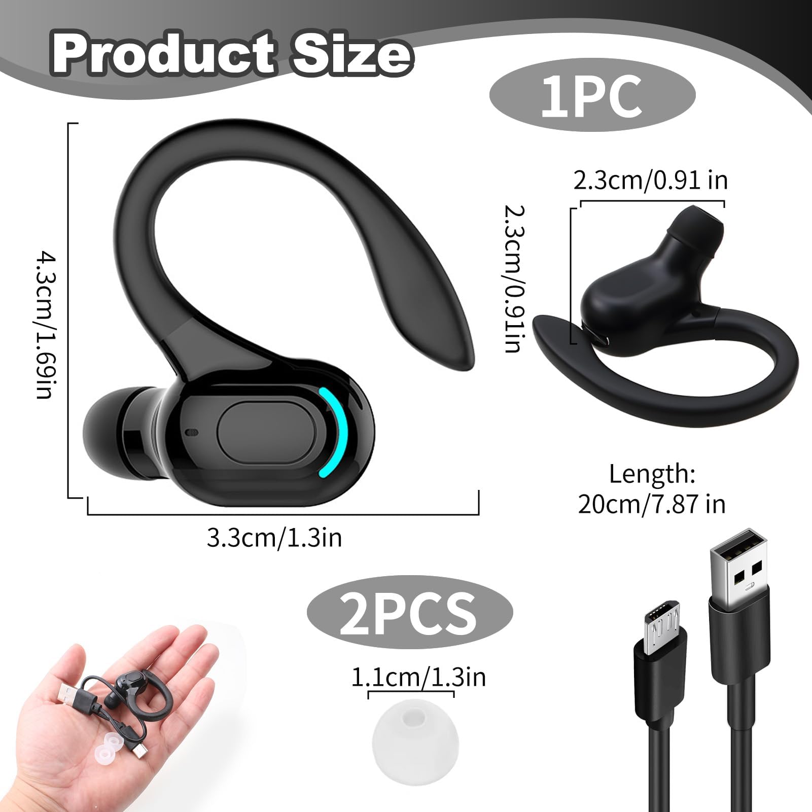 Oreillette Bluetooth sans Fil Mono, Écouteur Mono avec Micro Intégré, Kit Main Libre Professionnel avec Micro à ecouteurs de Bruit pour iPhone Android PC, Bureau, Conduite, Sport, oreillette Tour 360°