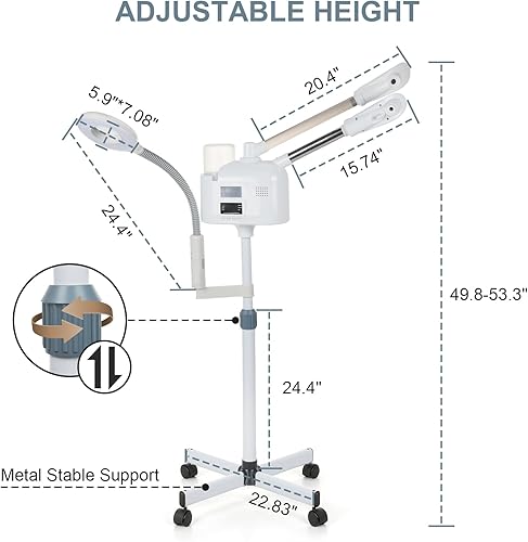 Miniatura 5 de Vaporizador facial profesional 3 en 1 para limpieza facial profunda con lámpara de aumento 5X en ruedas, boquilla nano iónica, vaporizador de ozono