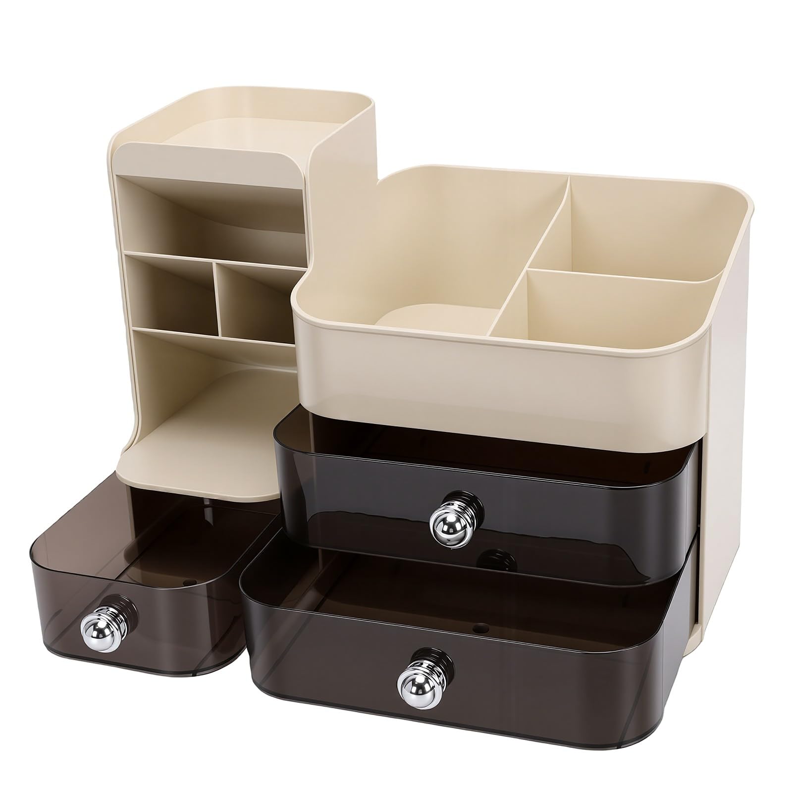 Duokon Porta Trucchi da Tavolo con Porta Pennelli e 3 Cassetti per vanità Bagno Ufficio Storage (bianco panna)