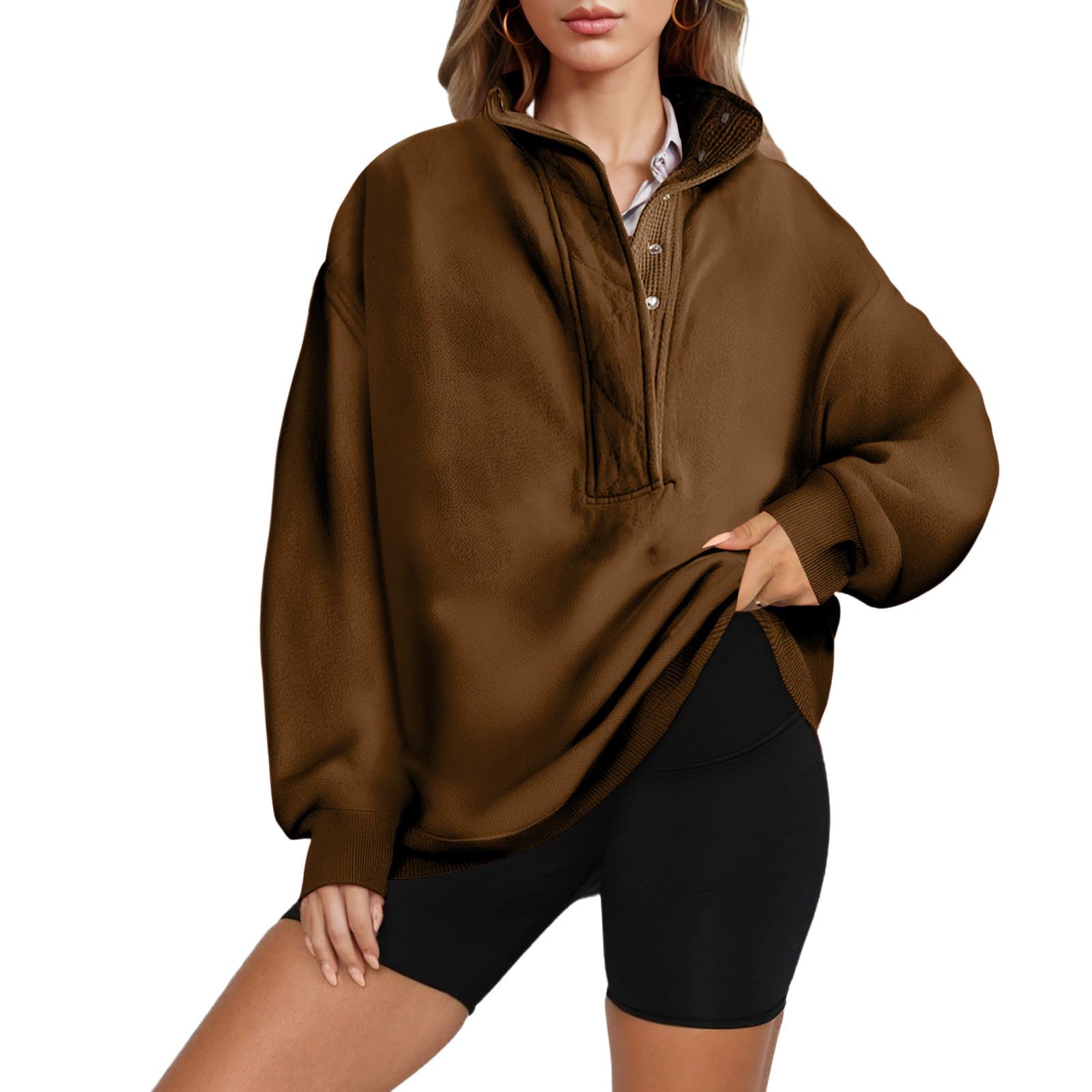 HAOLEI Sudaderas Mujer Sin Capucha Cuello V con Botones Casual Sudadera Otoño Invierno Jersey Manga Larga Holgados Sweatshirt de Canalé Talla Grande Básico Camiseta Color Sólido Moda Ropa Streetwear