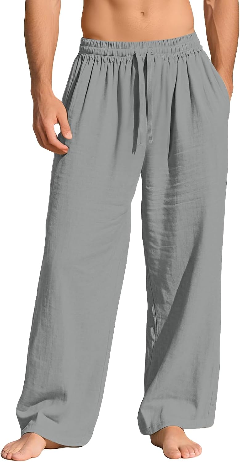 FQZWONG Mens Linen Pants Summer Casual Yoga Beach Elastic Waist Drawstring Pant Lightweight Loose Baggy Trousers with Pocket