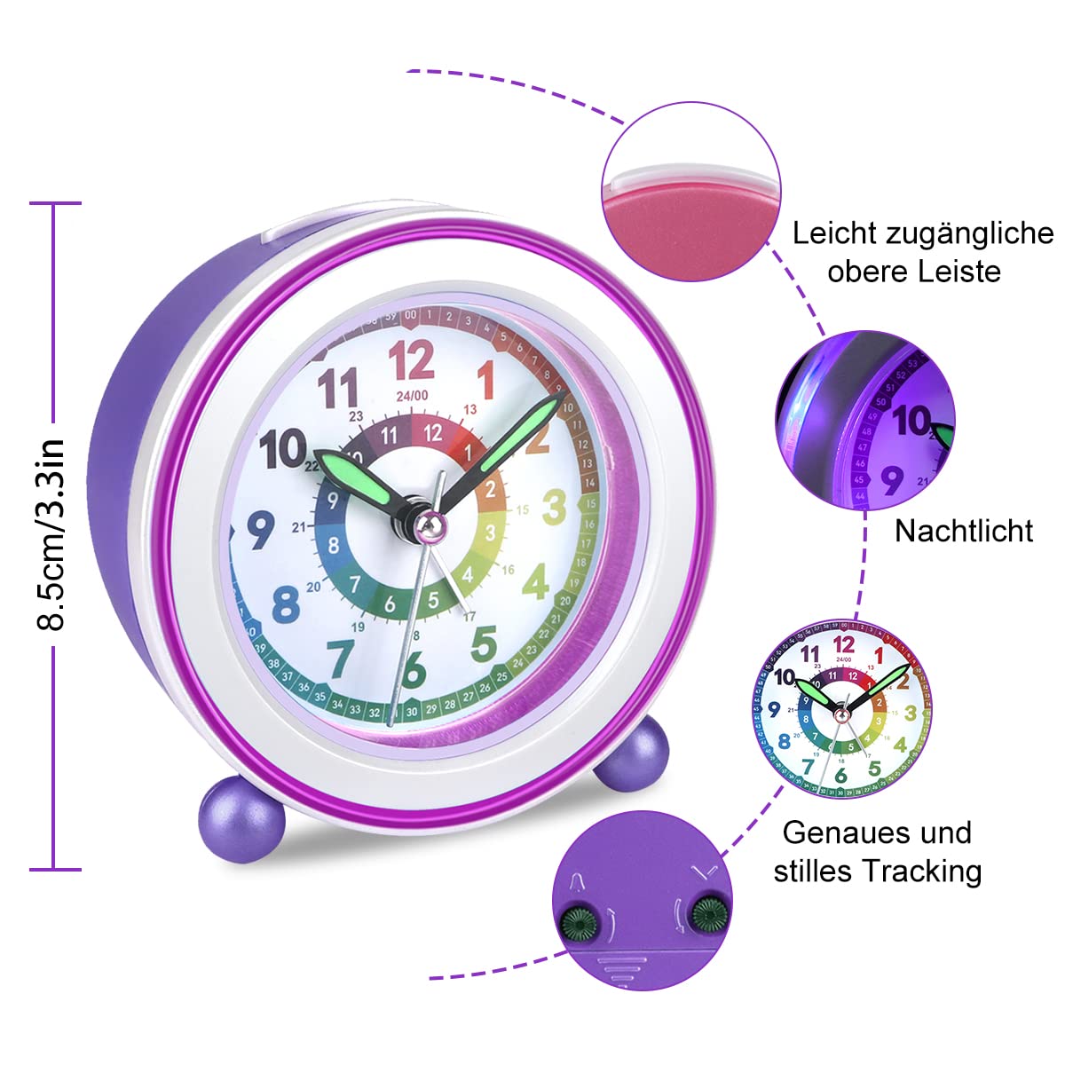Juboos Kinderalarmklok Zonder Tikgeluid Met Herhaalfunctie En Nachtlamp, Draait Op Batterijen, Analoge Kwartsalarmklok Voor Jongens En Meisjes (Paars) (paars