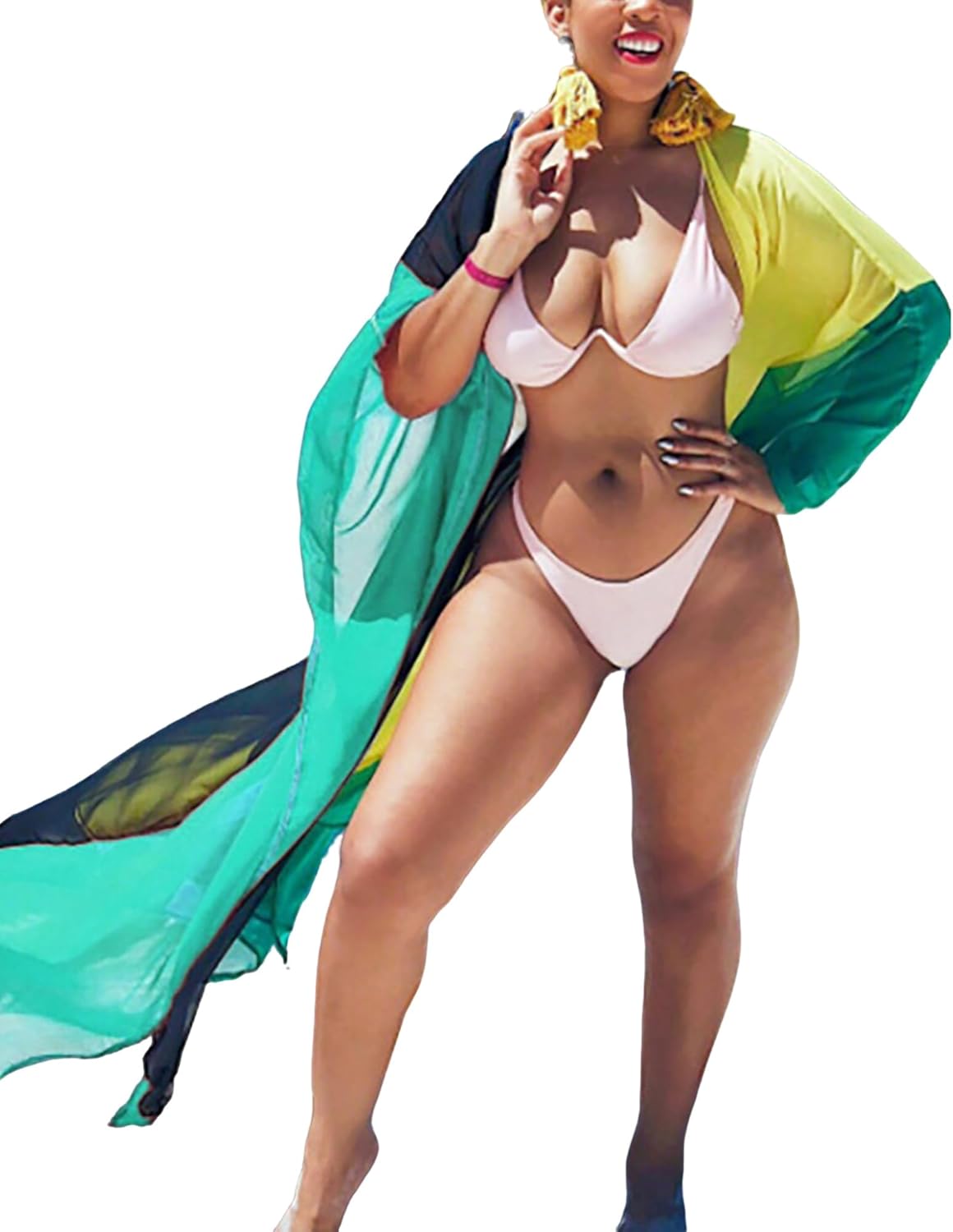 Bsubseach Plus Size Women Chiffon Beach Bikini Cover Up Colorful Splicing Kimono Cardigan