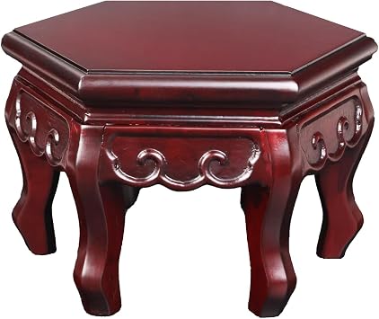 Chen Leung Style Chinese Vase Stand - Oriental Hexagonal Solid Wood - 10" x 10" x 6" H.