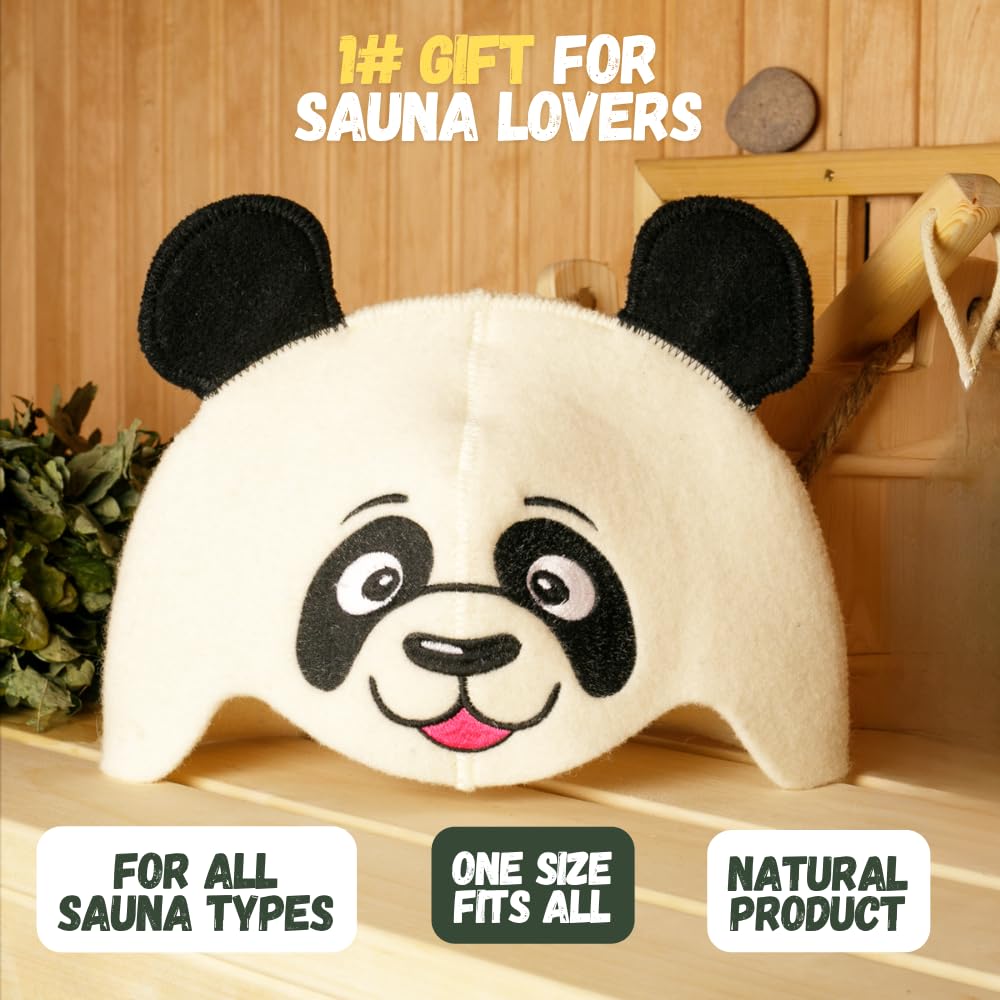Saunahut 'Sauna Panda' White - 100% organische Wollfilzmützen - Schützen Sie Ihren Kopf vor Hitze - Englische Sauna E-Book Handbuch inklusiv - mit Stickerei
