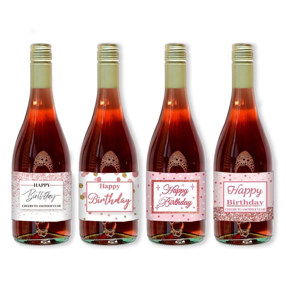 PH PandaHall 40pcs Birthday Wine Bottle Labels 4 Styles Waterproof Wine Bottle Stickers Mini Champagne Bottle Labels Adhesive Wine Bottle Labels Water Bottle Wrapper Label for Birthday Party