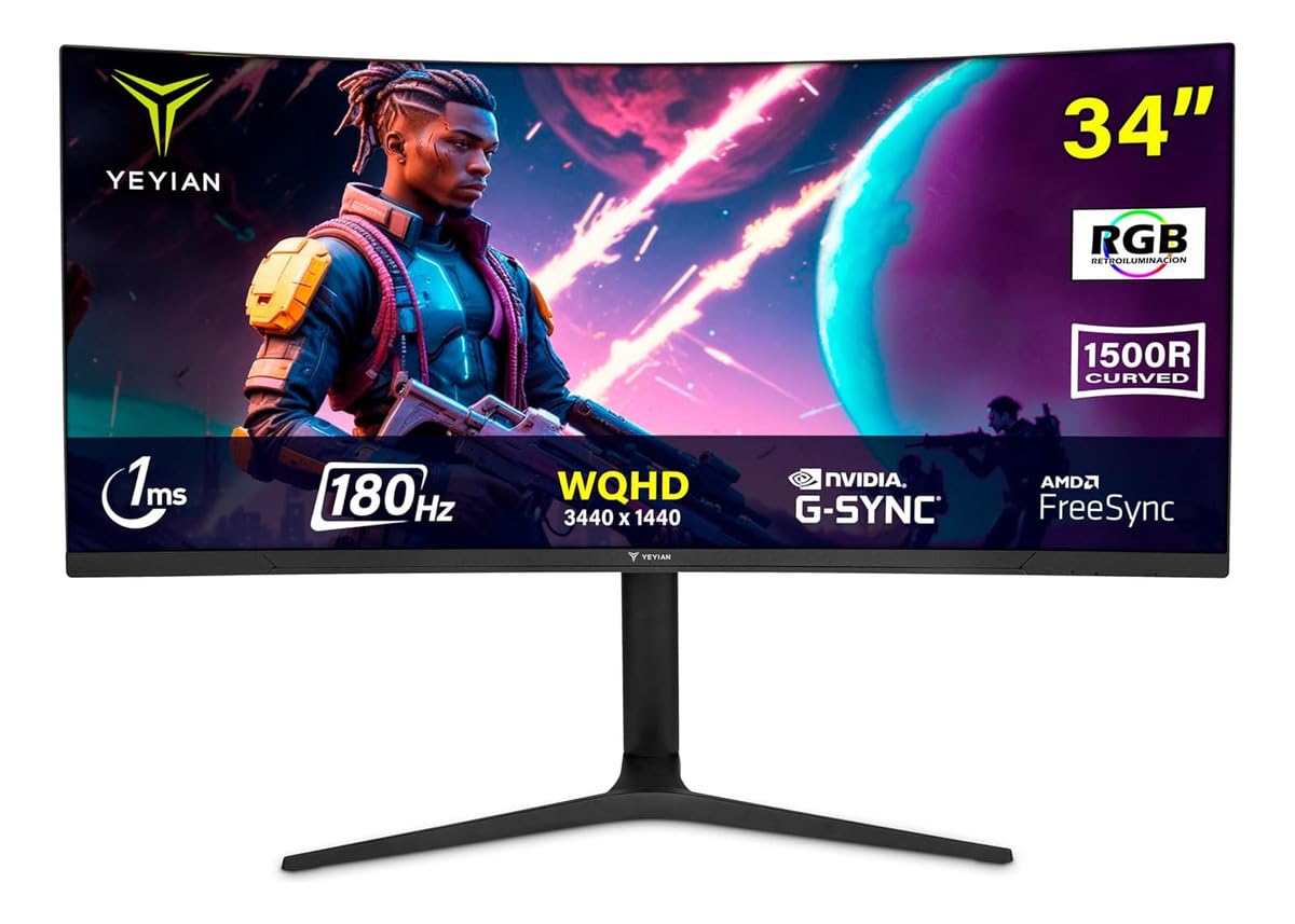 YEYIAN Proact FV234 - Monitor da gioco da 34", curvato WQHD (3440 x 1440), pannello VA 180Hz, 1ms, FreeSync & G-Sync, 92% NTSC, connettività DP1.4 e HDMI 2.0