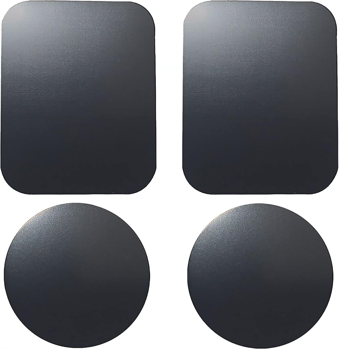 SALEX Replacement Metal Plates Set 4 Pack for Magnetic Car Phone Holders, Wall, Air Vent Mounts, Cases, Magnets. Kit of 2 Black Round and 2 Rectangular Iron Discs Without Holes. 3M Adhesive Backing.