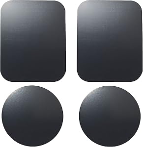 Replacement Metal Plates Set 4 Pack for Magnetic Car Phone Holders, Wall, Air Vent Mounts, Cases, Magnets. Kit of 2 Black Round and 2 Rectangular Iron Discs Without Holes. 3M Adhesive Backing.