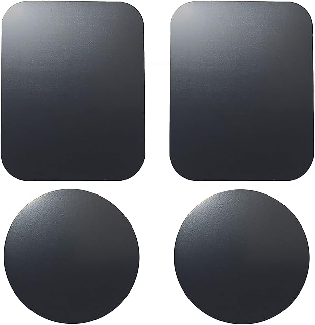Replacement Metal Plates Set 4 Pack for Magnetic Car Phone Holders, Wall, Air Vent Mounts, Cases, Magnets. Kit of 2 Black Round and 2 Rectangular Iron Discs Without Holes. 3M Adhesive Backing.
