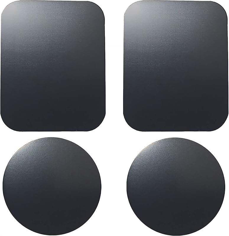 SALEX Replacement Metal Plates Set 4 Pack for Magnetic Car Phone Holders, Wall, Air Vent Mounts, Cases, Magnets. Kit of 2 Black Round and 2 Rectangular Iron Discs Without Holes. 3M Adhesive Backing.