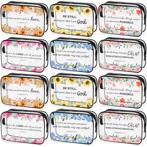 Kacctyen 12 Pcs Christian Clear Makeup Bags Floral Bible Verse PVC Cosmetic Pouches Waterproof Inspirational Toiletry Bags with Zipper Motivational Travel Purses Gift for Women mothers day