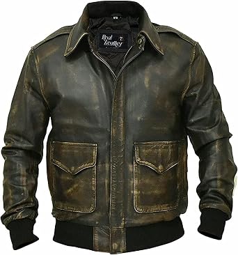 Distressed Brown Leather Bomber Jacket for Men - Mens A2 Flight Pilot USAAF Air Force Aviator Jacket