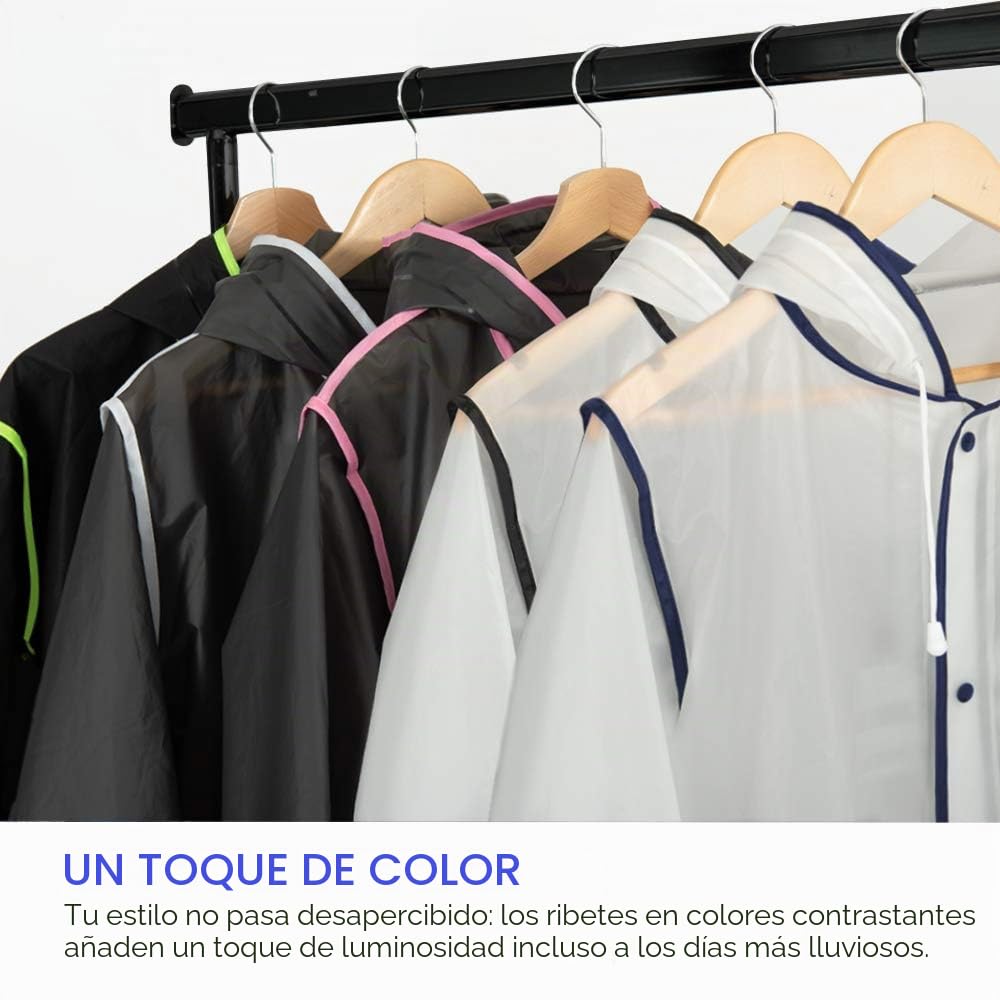 PERLETTI Chubasquero Hombre Mujer Ligero y Reutilizable - Impermeable Hombre Mujer Resistente al Agua - Ropa de Agua Impermeable Detalles Reflectantes Capucha Botones (M, Transparente con Borde Azul)