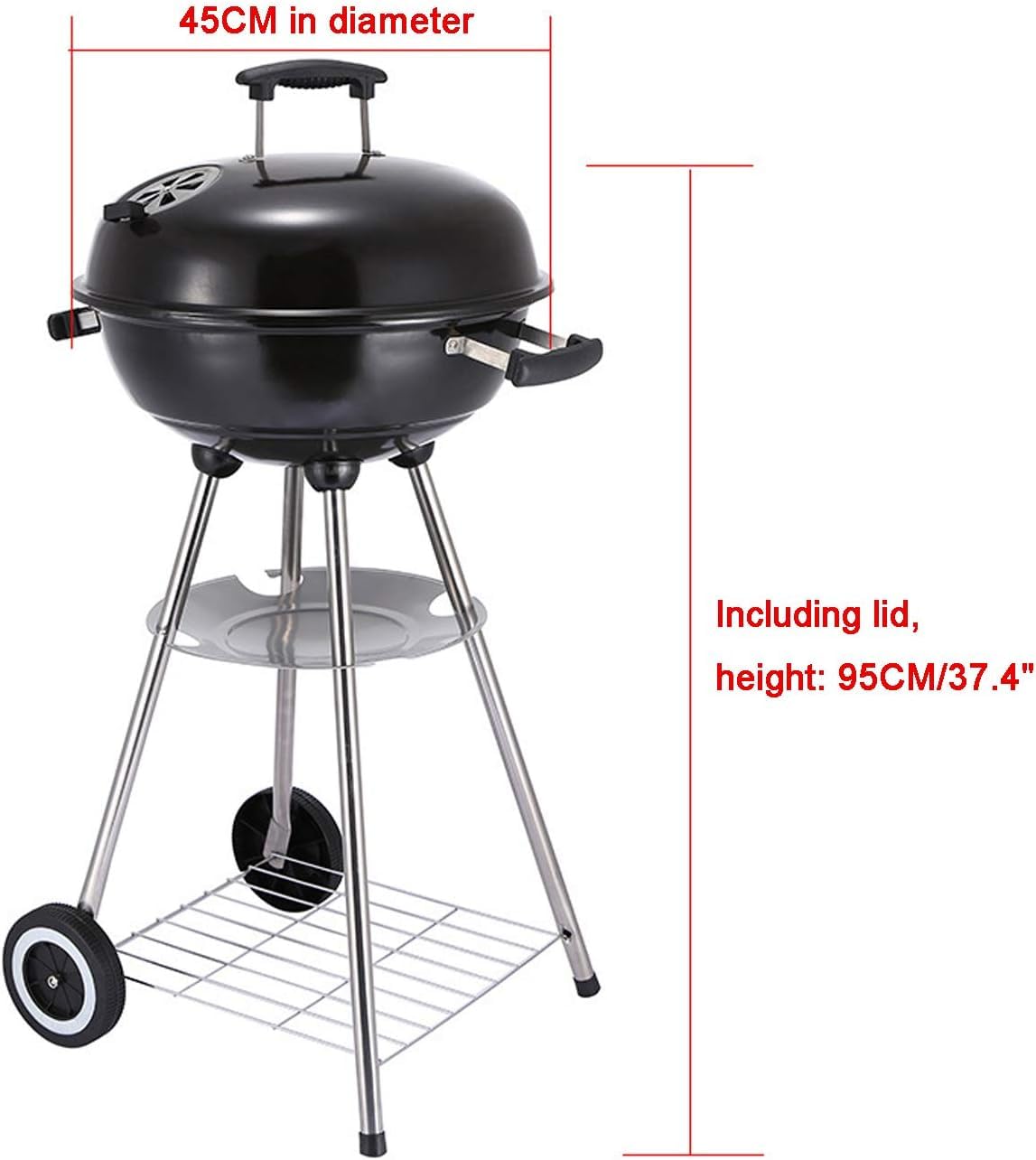 Przenośny grill węglowy, okrągły wózek do grilla węglowego z pokrywką 4 nogi 18-calowy grill Czajnik do grillowania Wolnostojący grill na węgiel drzewny Patio Ogród z grillem na kemping, piknik