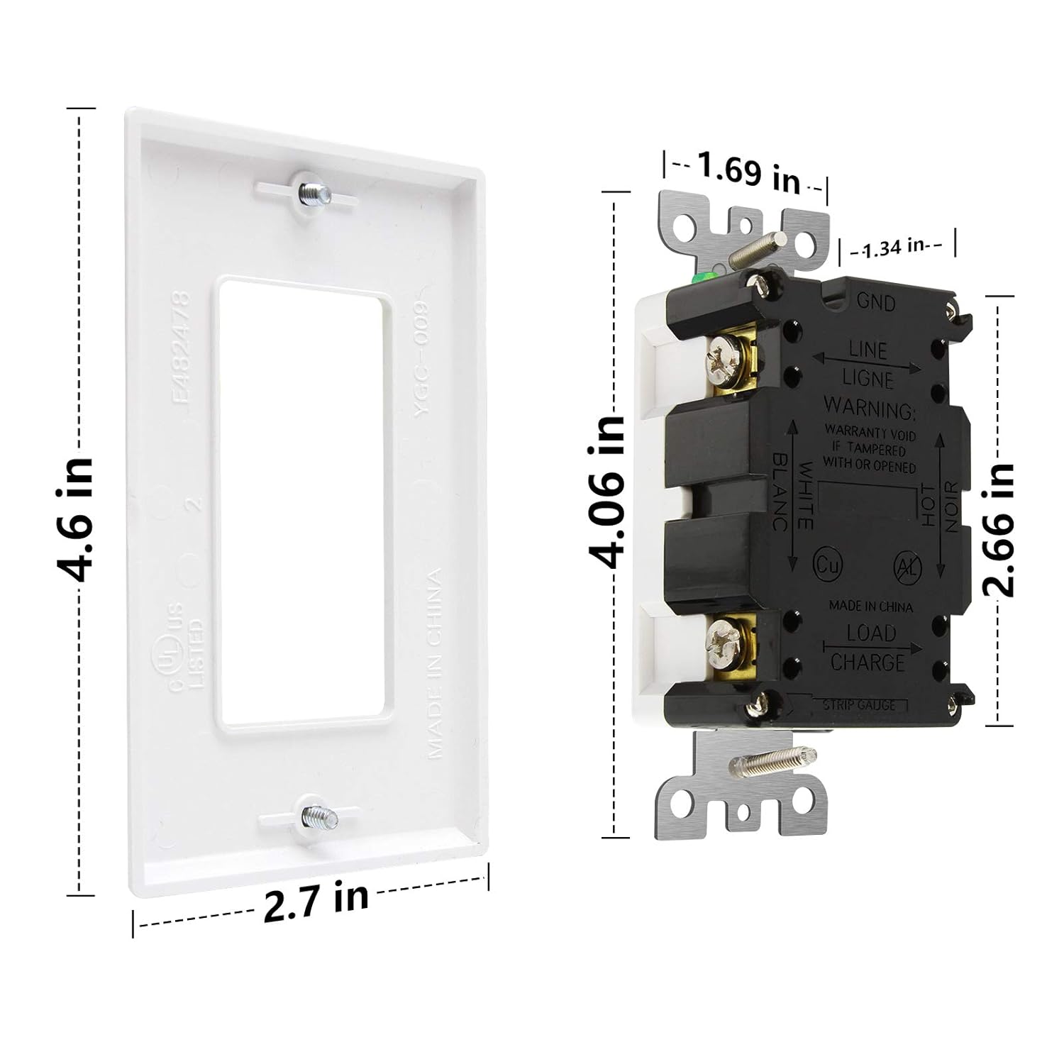 Diagram showing the dimensions of the ANKO GFCI outlet and its wall plate.