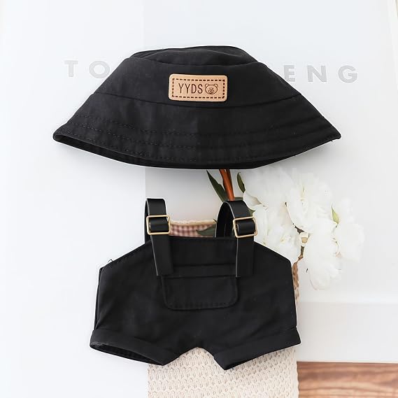 Clothes for Lu bubu 17cm Dolls (No Doll) Accessories, Stylish Kawaii Overalls Outfit Set 4 Pieces Bib Pants for 17cm Dolls, Cute Doll Hat Shoes Clothing Set Replacement Black