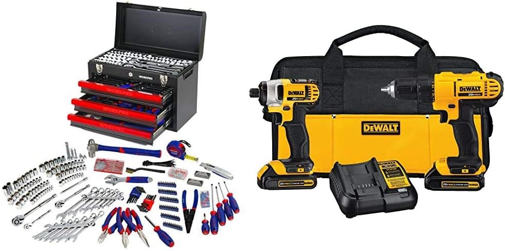 WORKPRO 408-Piece Mechanics Tool Set, General Household Home Repair Tool Kit with DEWALT 20V MAX Cordless Drill and Impact Driver Combo Kit