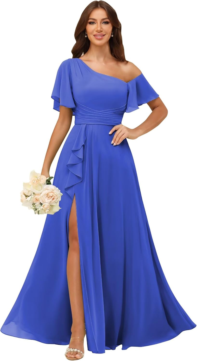 One Shoulder Bridesmaid Dresses for Women with Pockets Short Sleeve Ruffled Chiffon Formal Evening Gowns