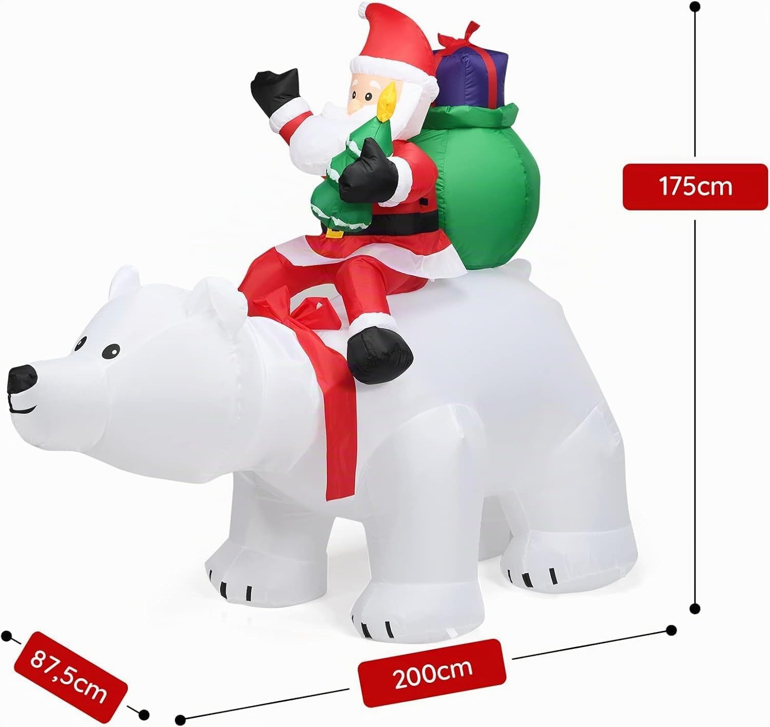 GOPLUS 175CM Papá Noel sobre Oso Polar Inflable con Cabeza Agitada, Decoración Navidad Exterior Iluminada con Luz LED y Accesorios de Montaje, Adornos Navidad Grande para Jardín