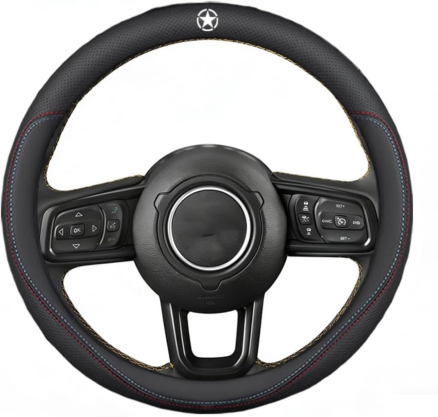 Great-luck Car Steering Wheel Cover,Non-Slip Car Wheel Cover Protector Breathable Custom Interior Accessorie(Red Stitching+Blue Stitching) for Jeep Gladiator JT/Wrangler 4xe/Wrangler JL/JLU 2018-2026