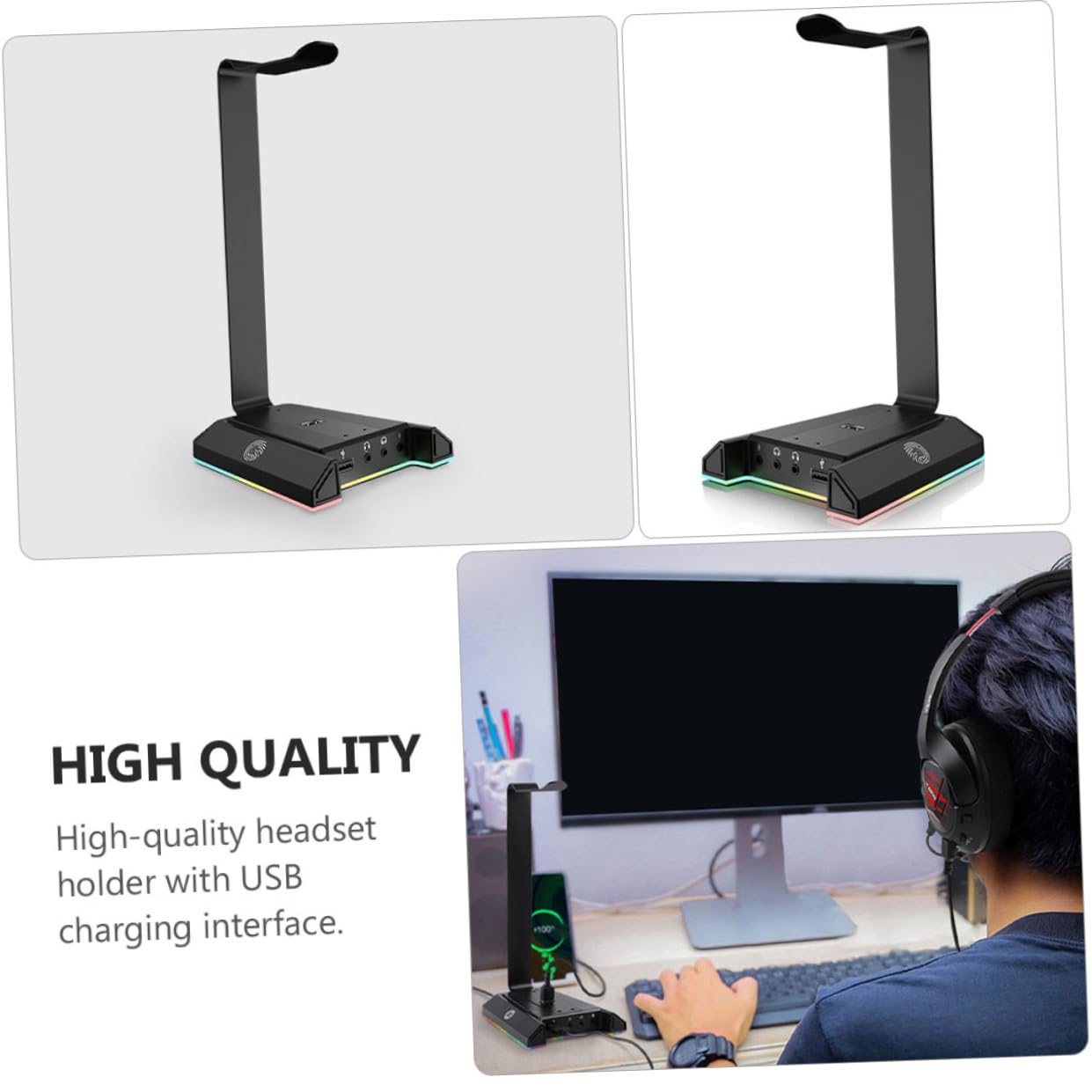 PRETYZOOM Supporto per Cuffie Gaming da Scrivania Nero in Abs | USB Port Computer Gaming Holder, Portacuffie Verticale Compatibilità Multipla, Design Antiscivolo