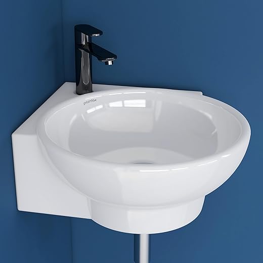 Plantex Ceramic White Corner Wash Basin/Wall Mount Basin for Bathroom/Corner Bathroom Basin/Glossy Small SINK(Lily, 14 x 14 x 5 Inch)