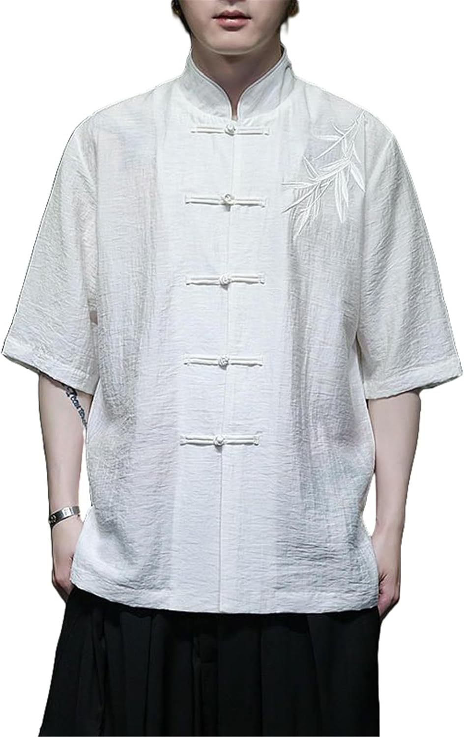 Men's Summer Lightweight Chinese Style Tang Suit Ice Silk Embroidered Frog Button Short Sleeve Shirt