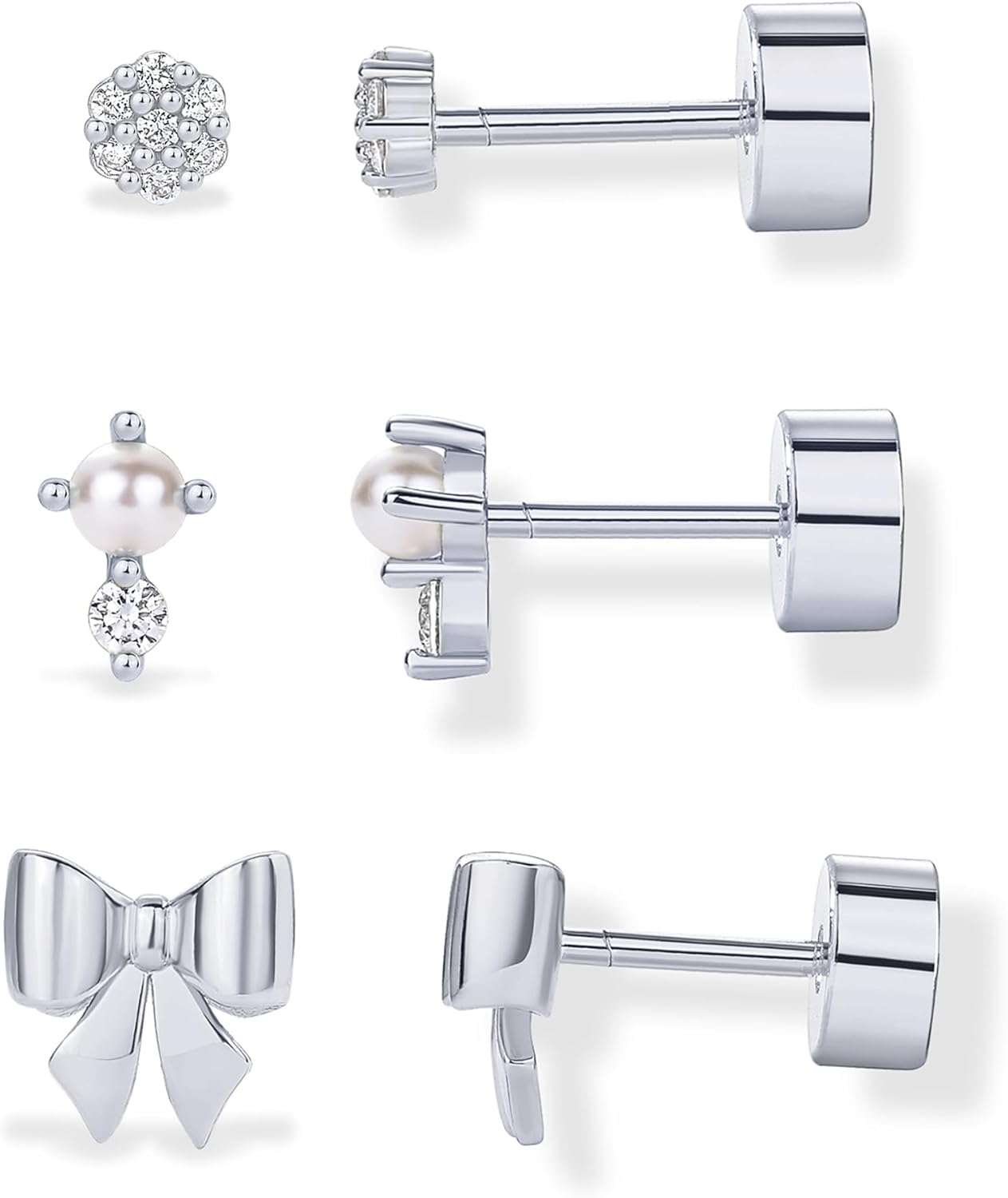 PAVOI 14K Gold Plated Dainty Flat Back Earrings for Women - Hypoallergenic Sterling Silver Posts Helix Cartilage Piercing Jewelry - Emoji Motif Bow Celestial Flatback Gold Stud Earrings Screw Back