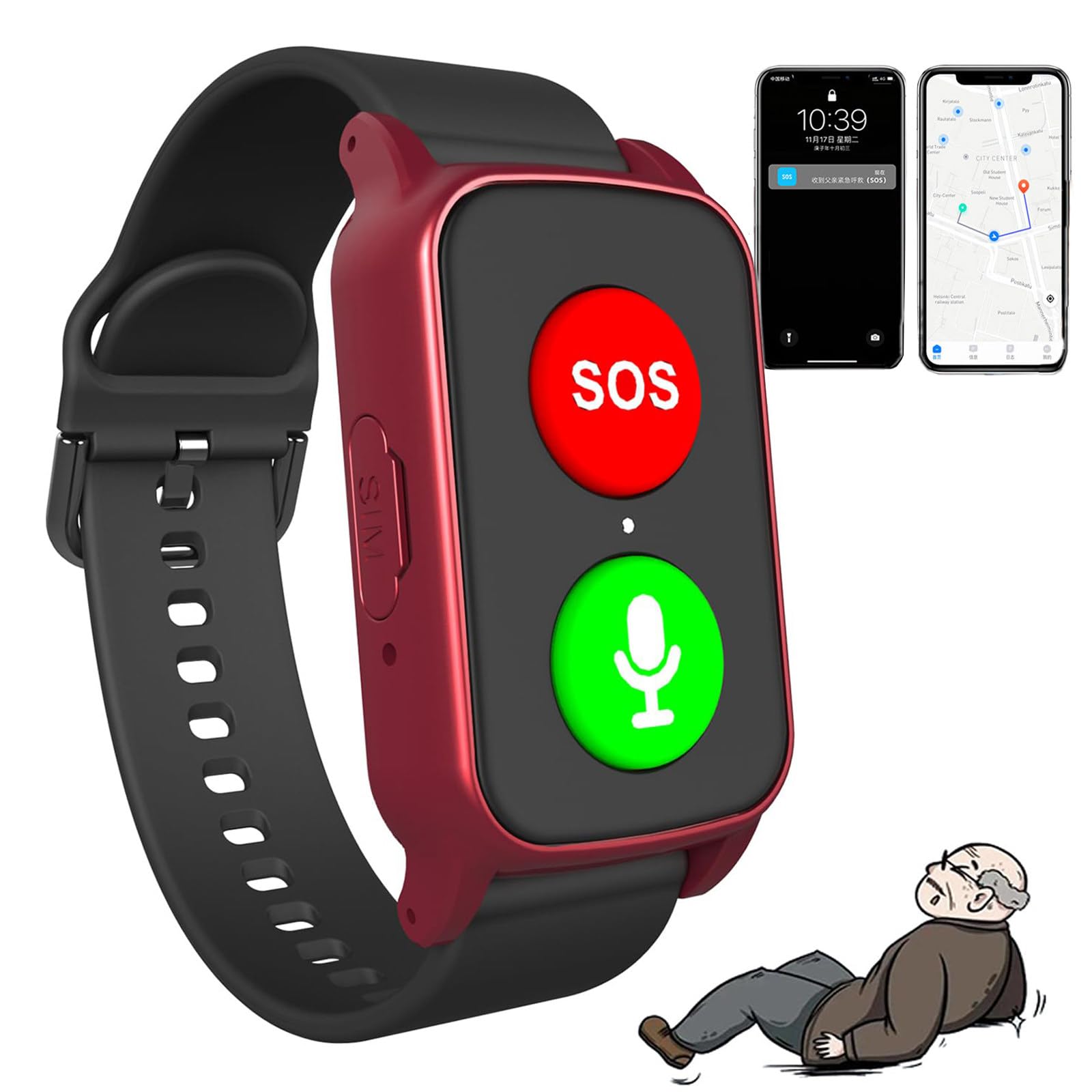 Smartwatche Dla Seniorów, Wykrywanie Upadków + Połączenie Alarmowe SOS, Pozycjonowanie GPS | Monitorowanie Zdrowia | Dwukierunkowe Połączenia Głosowe, Idealny Prezent Dla Seniorów Red