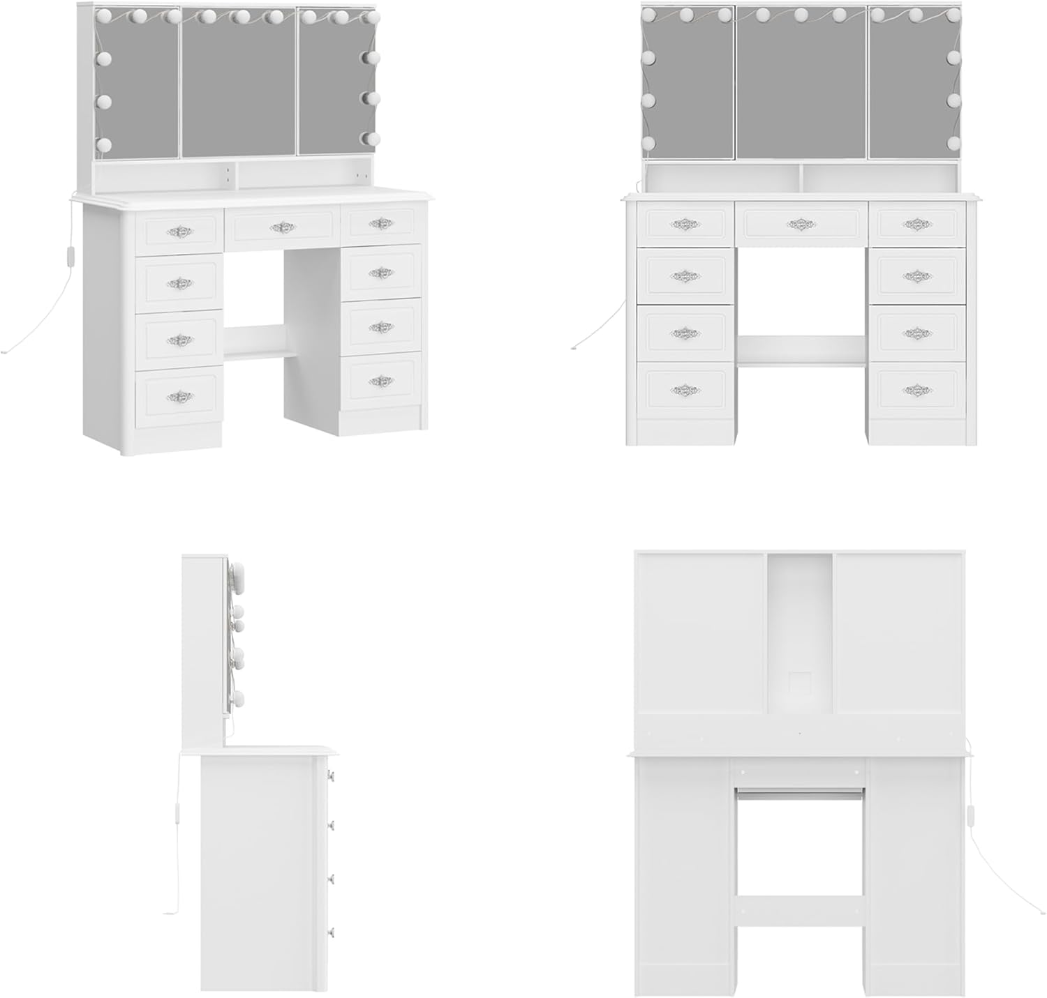 Timechee Vanity Mirror with Lights, Make up Vanity Mirror Desk Table with 9 Storage Drawers, 5 Shelves, Metal Handles and Bulbs for Dressing Room, Bedroom, White(18.1" Dx 43.3" Wx 54.1" H)