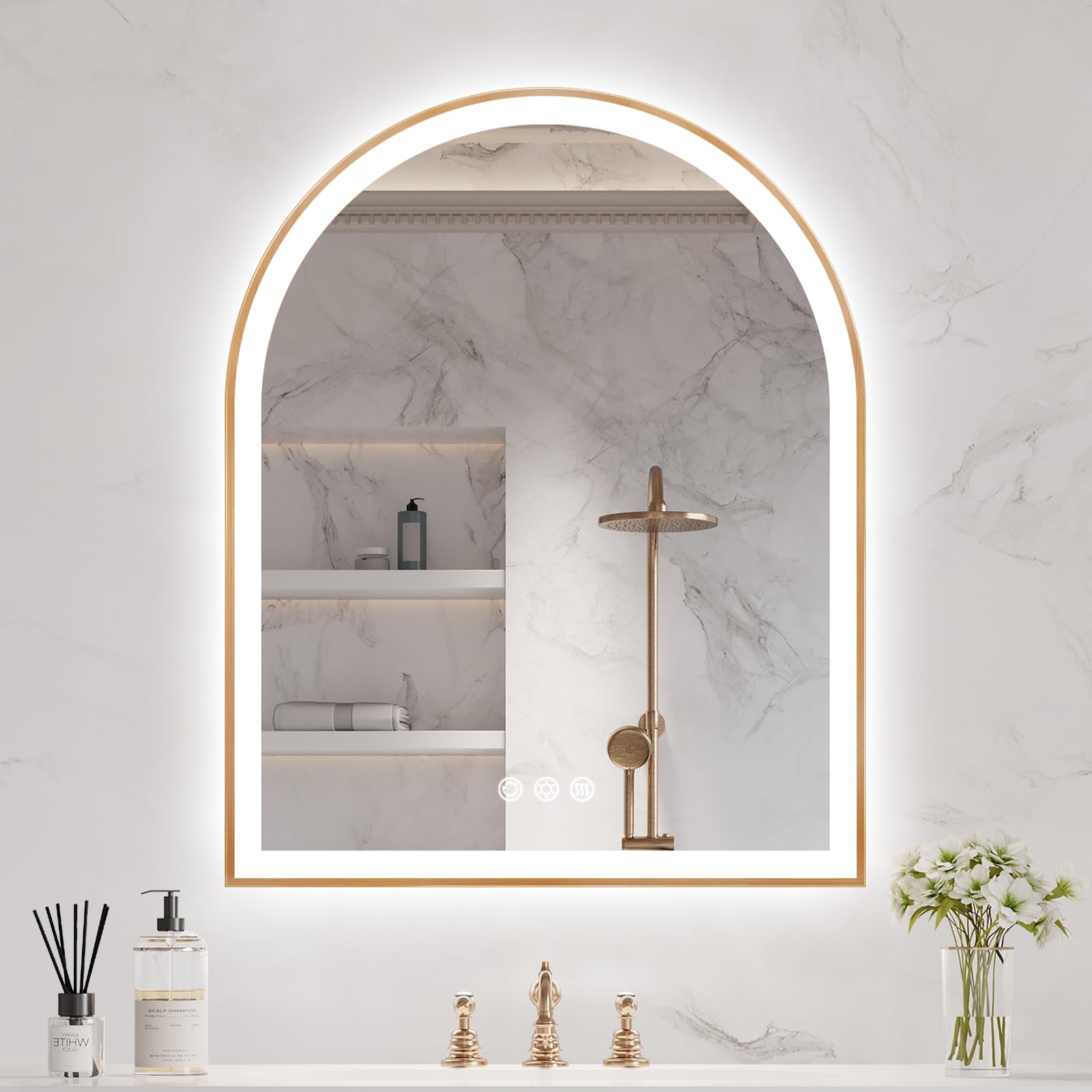 arched led mirror for bathroom 24"x30", orange gold led bathroom vanity mirror with lights-anti-fog, dimmable,3 colors