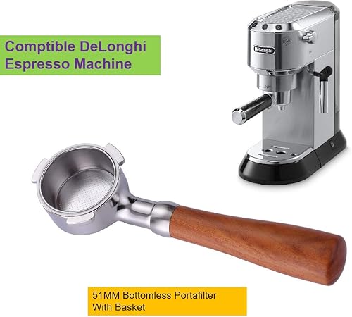 Vista 5 de Portafiltro sin fondo de 2.008 in para máquina de café espresso DeLonghi EC680 y EC685 Portafilter desnudo de acero inoxidable junto con cesta