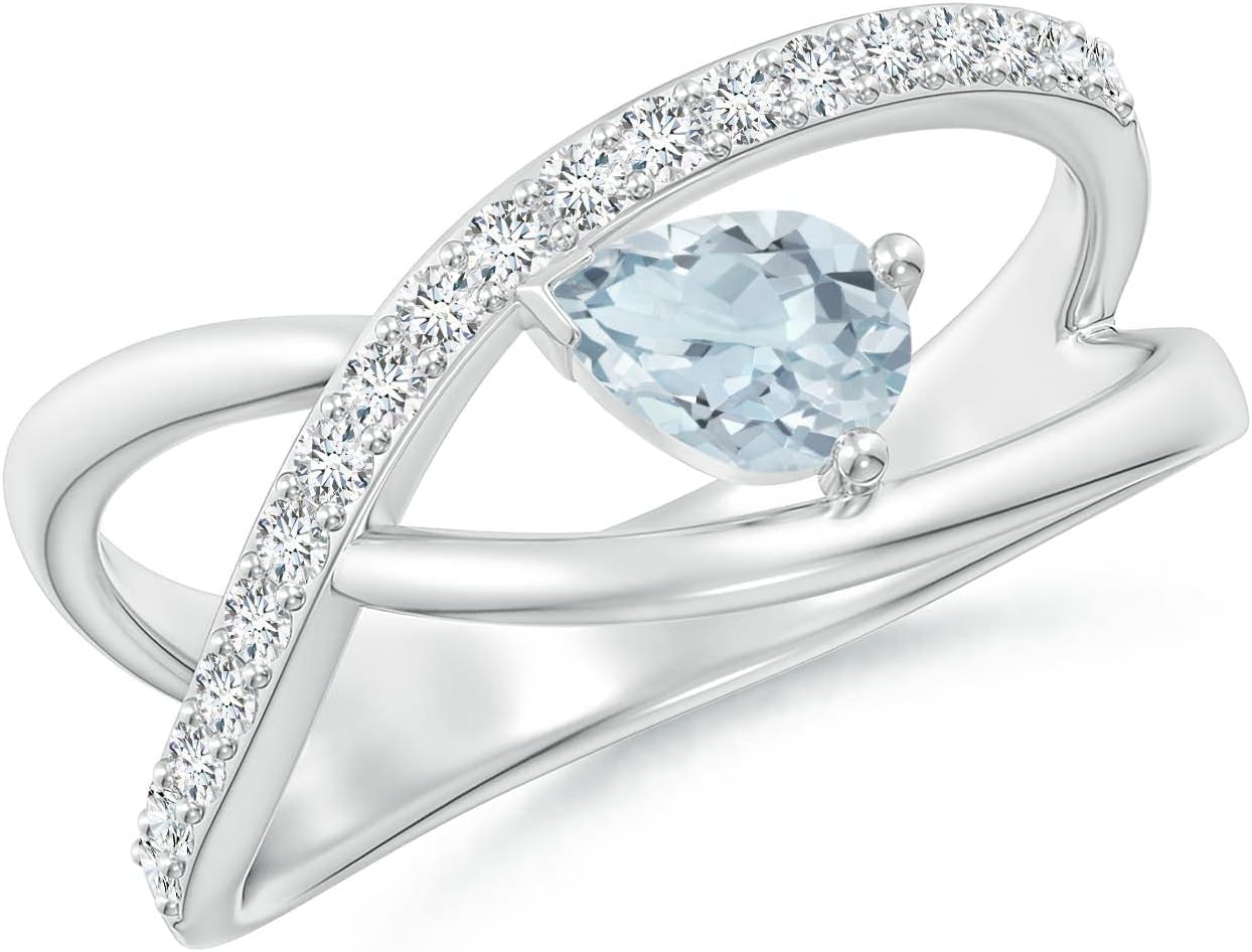 Angara Natural Aquamarine Ring for Women | Criss Cross Pear Shaped Aquamarine Ring with Diamond Accents in 14K Solid Gold/Platinum | March Birthday, Anniversary, Gemstone Jewellery Gift