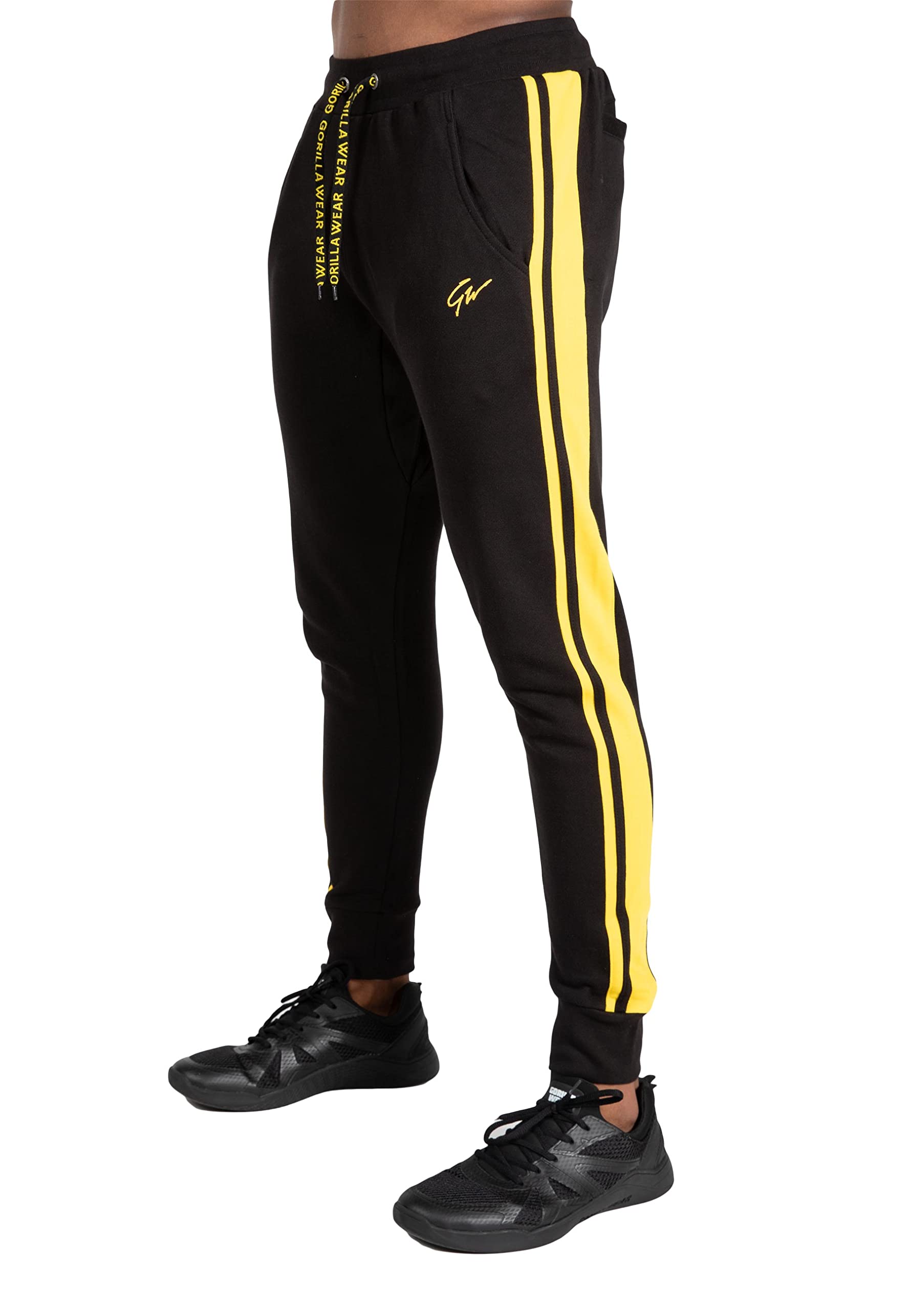 Gorilla Wear Banks Pants - Black/Yellow for Sports, Leisure, Work, Outdoor, Everyday Wear, Cotton, Polyester with Logo, Comfortable Stripes on the Legs, Workout Clothing, Jogging, Running