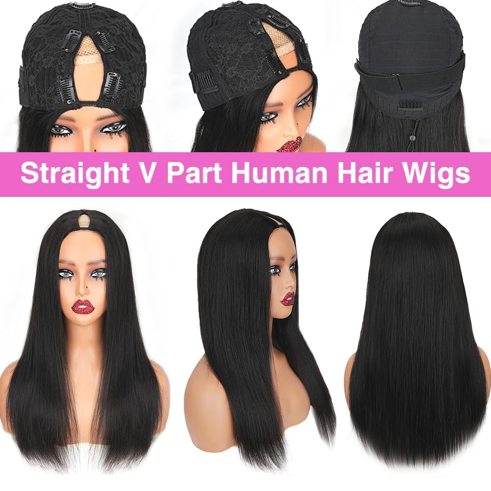 CHEETAHBEAUTY V Part Wigs Human Hair Straight V Shape Wigs for Black Women Upgrade U Part Wigs No Leave Out No Sew No Glue Clip in Half Wigs 180% Density Natural Black 20Inch
