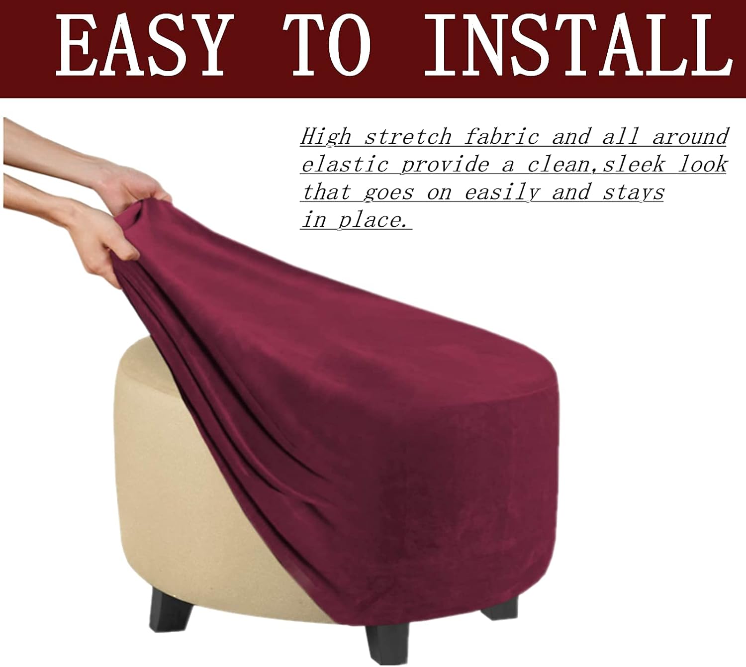 Round Ottoman Slipcover Ottoman Covers Footstool Protector Covers Storage Stool Plush Velvet Stretch with Elastic Bottom (Burgundy, Large)