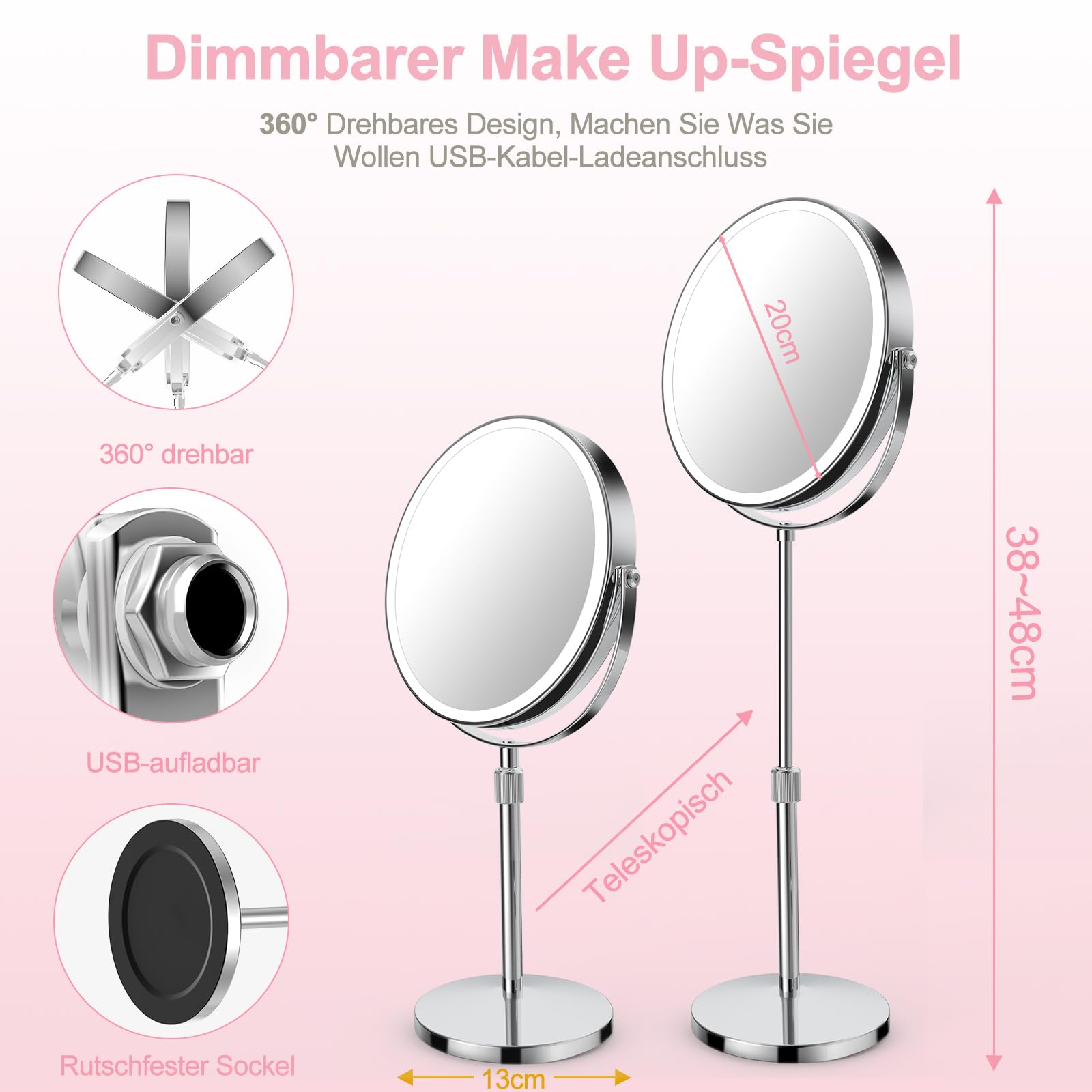 AIMAX 10X/1X Wiederaufladbarer Kosmetikspiegel mit Beleuchtung, 38-48 cm Höhenverstellbarer 8 Zoll Schminkspiegel, 3 Lichtfarben&Helligkeit Dimmbar, 360° drehbarer Doppelseitiger Tischspiegel