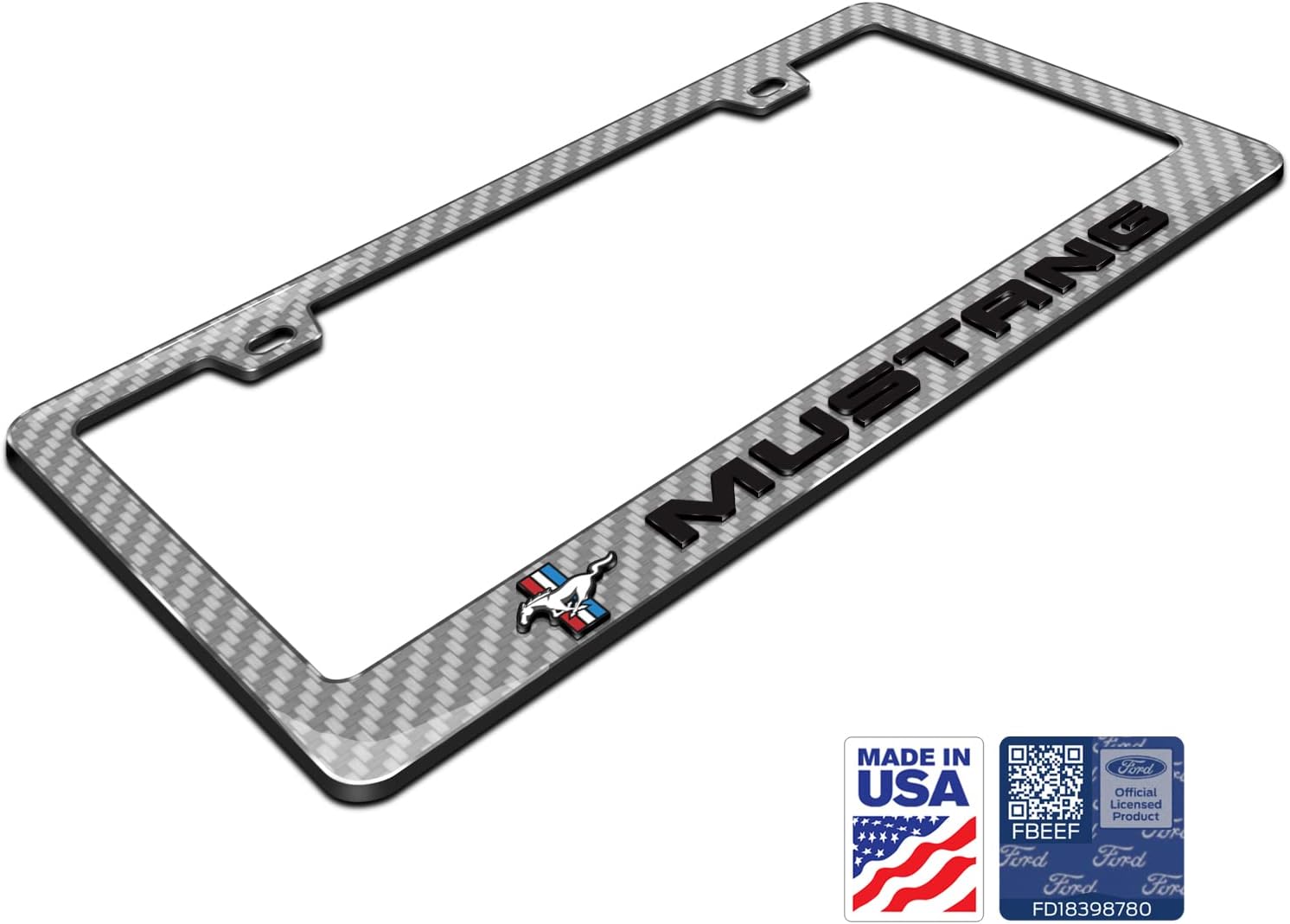 iPick Image Compatible with Ford Mustang in 3D on Silver Real 3K Carbon Fiber Finish ABS Plastic License Plate Frame