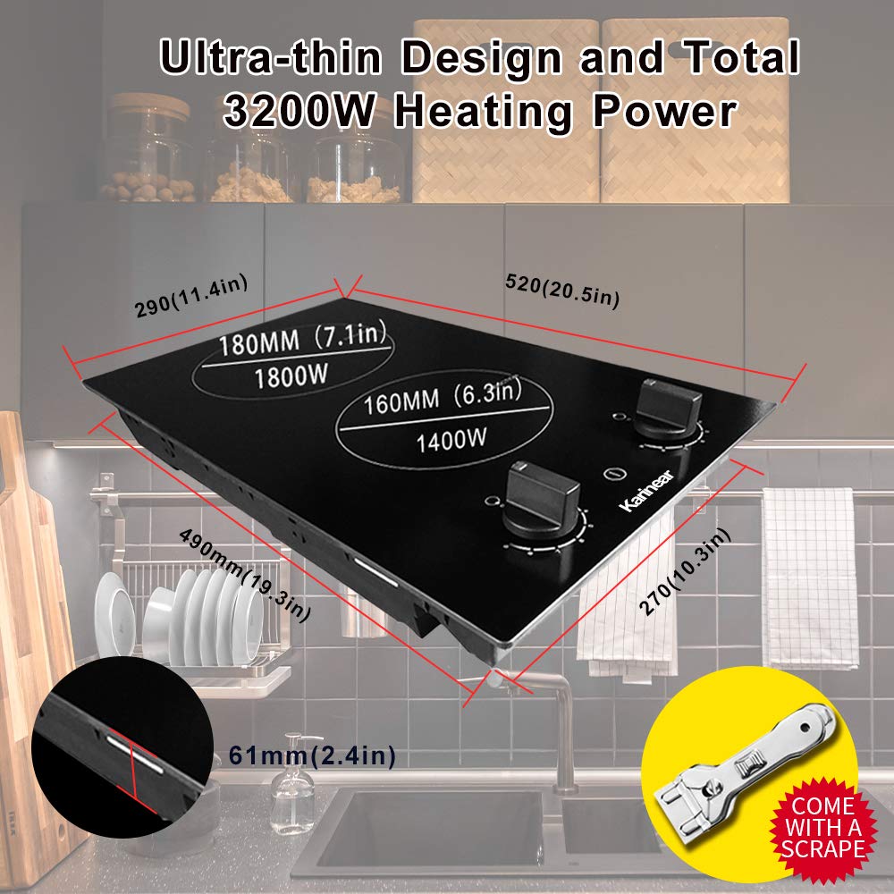 Induction Hob, Karinear 30CM 2 Zones Electric Cooktop with Auto Shut