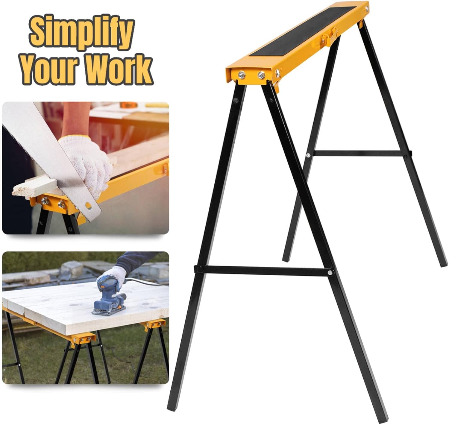 IRONMAX Saw Horses 2 Pack Folding, Heavy Duty Sawhorse w/ Non-slip Work Table Surface & 2x4 Fast Open Legs, Portable Sawhorses Bench Twin Pack for Woodworking