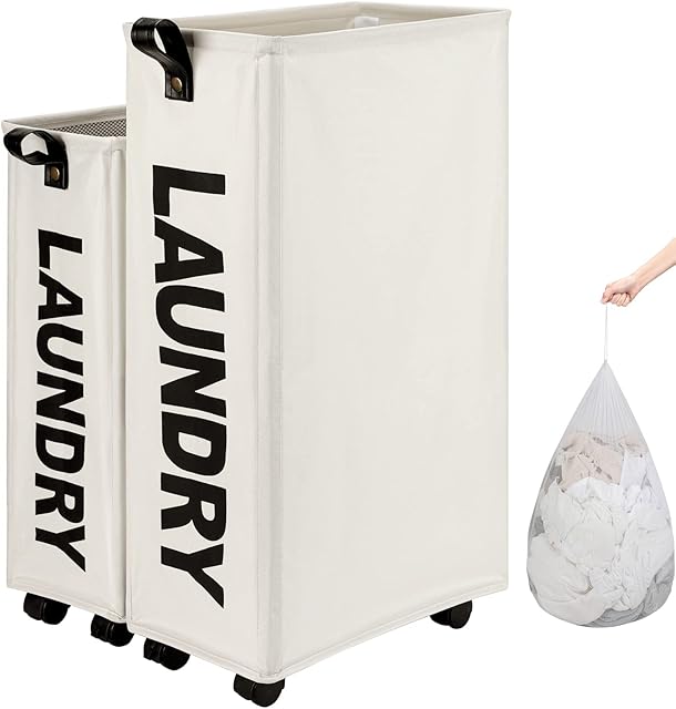 Amazon Brand  Umi X-Large Rolling Slim Laundry Basket with Wheels Collapsible Laundry Hamper with Leather Handle Waterproof Foldable Corner Storage Bins with Mesh Cover-XL, Beige