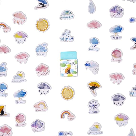 Small Weather Stickers, Obujopal 46Pcs Cute Rainy Sunny Snow Cloudy Stickers for Scrapbooking Journaling Planners Laptop Diary Planner Collage Envelope Phone Case Art Crafts DIY Decoration
