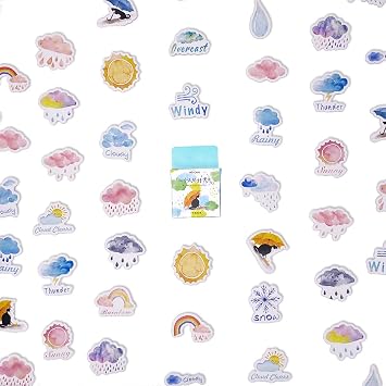 Small Weather Stickers, Obujopal 46Pcs Cute Rainy Sunny Snow Cloudy Stickers for Scrapbooking Journaling Planners Laptop Diary Planner Collage Envelope Phone Case Art Crafts DIY Decoration