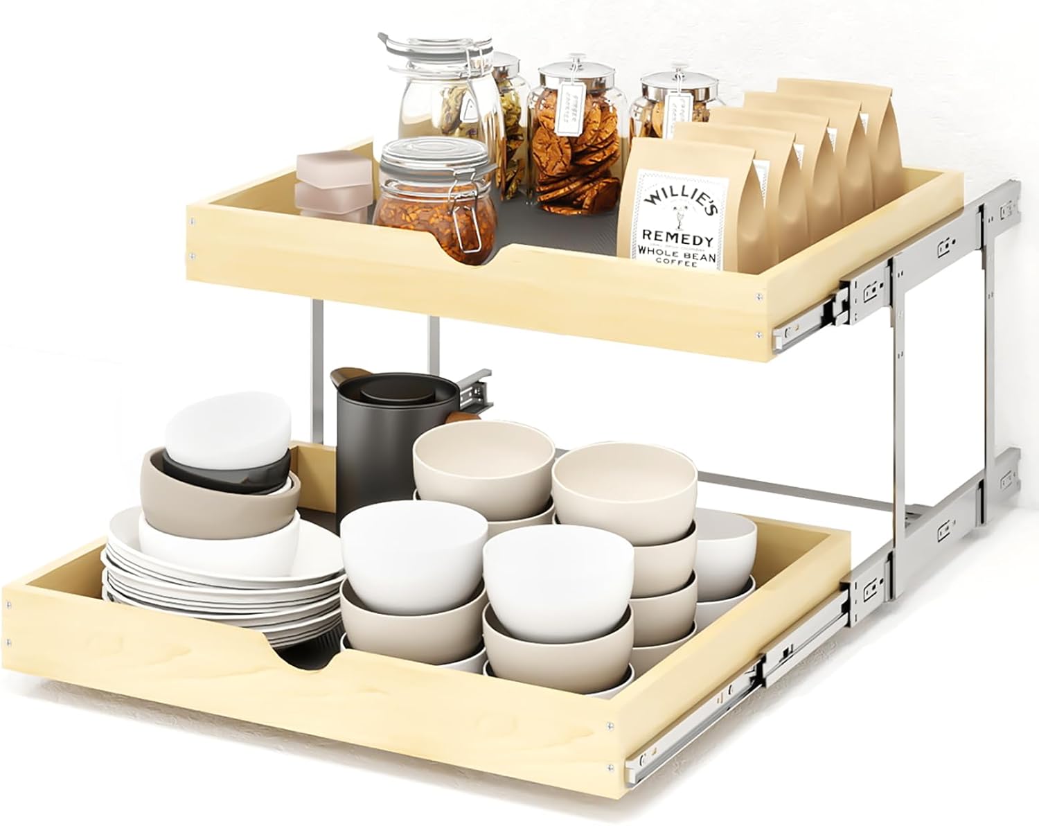 YORKING 2 Tier Pull Out Cabinet Organizer, 20" W x 21" D Wooden Cabinet Slide Out Shelves, Heavy-Duty Drawer Shelf for Pantry, Bathroom, Kitchen