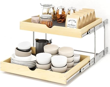 YORKING 2 Tier Pull Out Cabinet Organizer, 20" W x 21" D Wooden Cabinet Slide Out Shelves, Heavy-Duty Drawer Shelf for Pantry, Bathroom, Kitchen