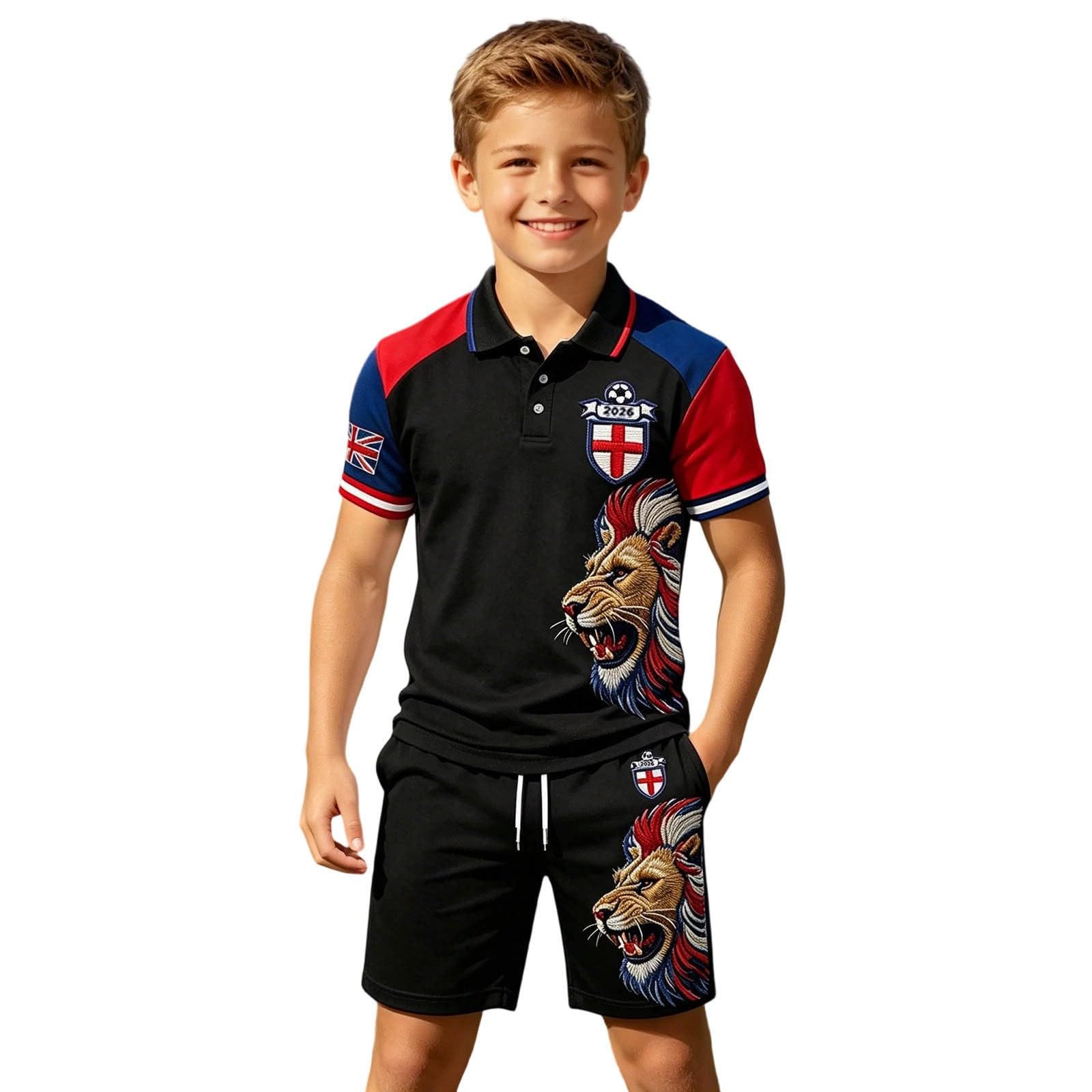 Kids England Football Shirt 2026 Boys Short Sleeve Collared Breathable Lightweight Polo Shirts Football Kit Set Gym Shorts and T-Shirt Training Daily (003-Black, 11-12 Years)