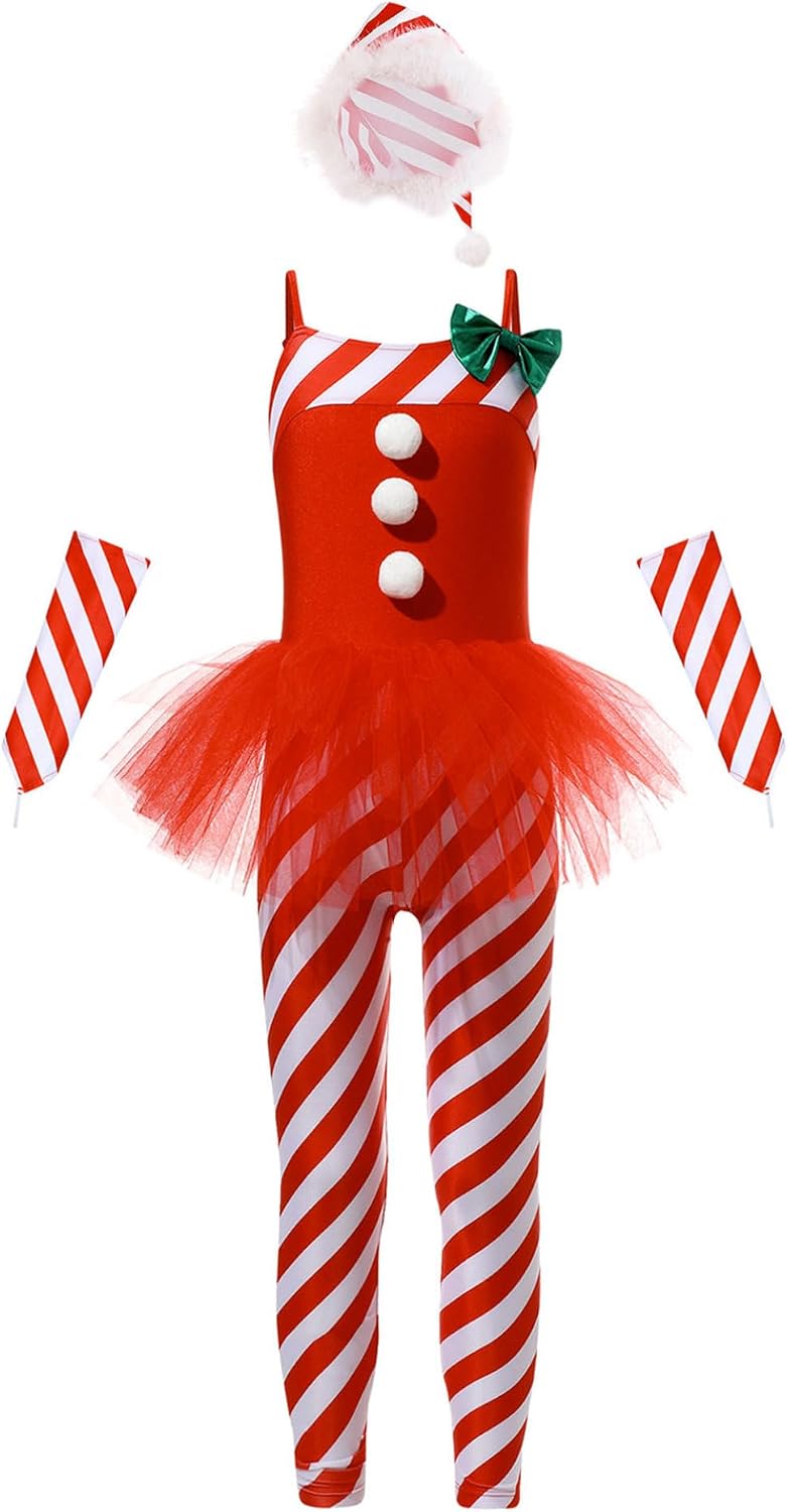 Jugaoge Kids Girls Candy Cane Costume Striped Skating Dance Jumpsuit with Hat Xmas Santa Helper Costume
