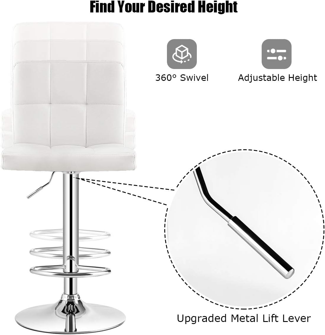 COSTWAY Bar Stool, Modern Swivel Adjustable Height PU Leather Barstools with Back, Square Armless Counter Height Bar Chair for Kitchen Island Dining Living Bistro Pub Counter, White