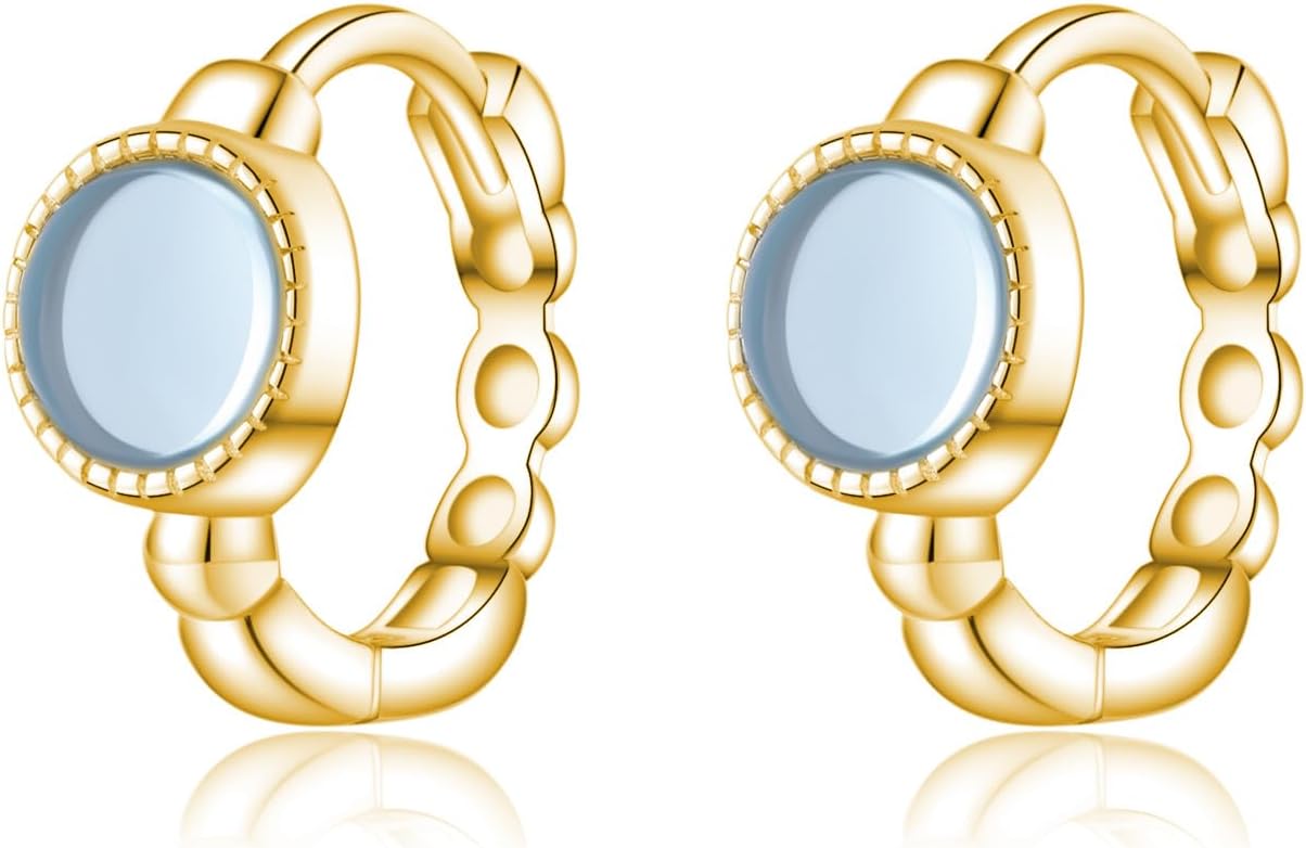 SLUYNZ Solid 925 Sterling Silver Synthetic Blue Gemstone Hoop Earrings for Women Teens Aquamarine Hoop Earrings Huggie